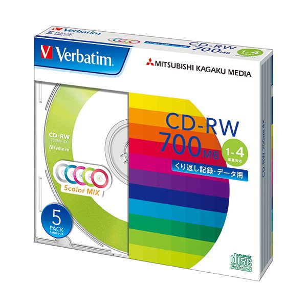 (まとめ) バーベイタム データ用CD-RW700MB 4倍速 5色カラーMIX 5mmスリムケース SW80QM5V1 1パッ