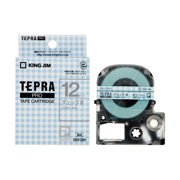 （まとめ）キングジム テプラ PROテープカートリッジ 模様ラベル 12mm チェック青/グレー文字 SWX12BH 1個【×5