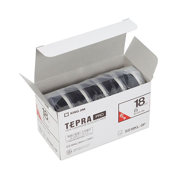 (まとめ）キングジム テプラ PRO テープカートリッジ ロングタイプ 18mm 白/黒文字 SS18KL-5P 1パック(5個